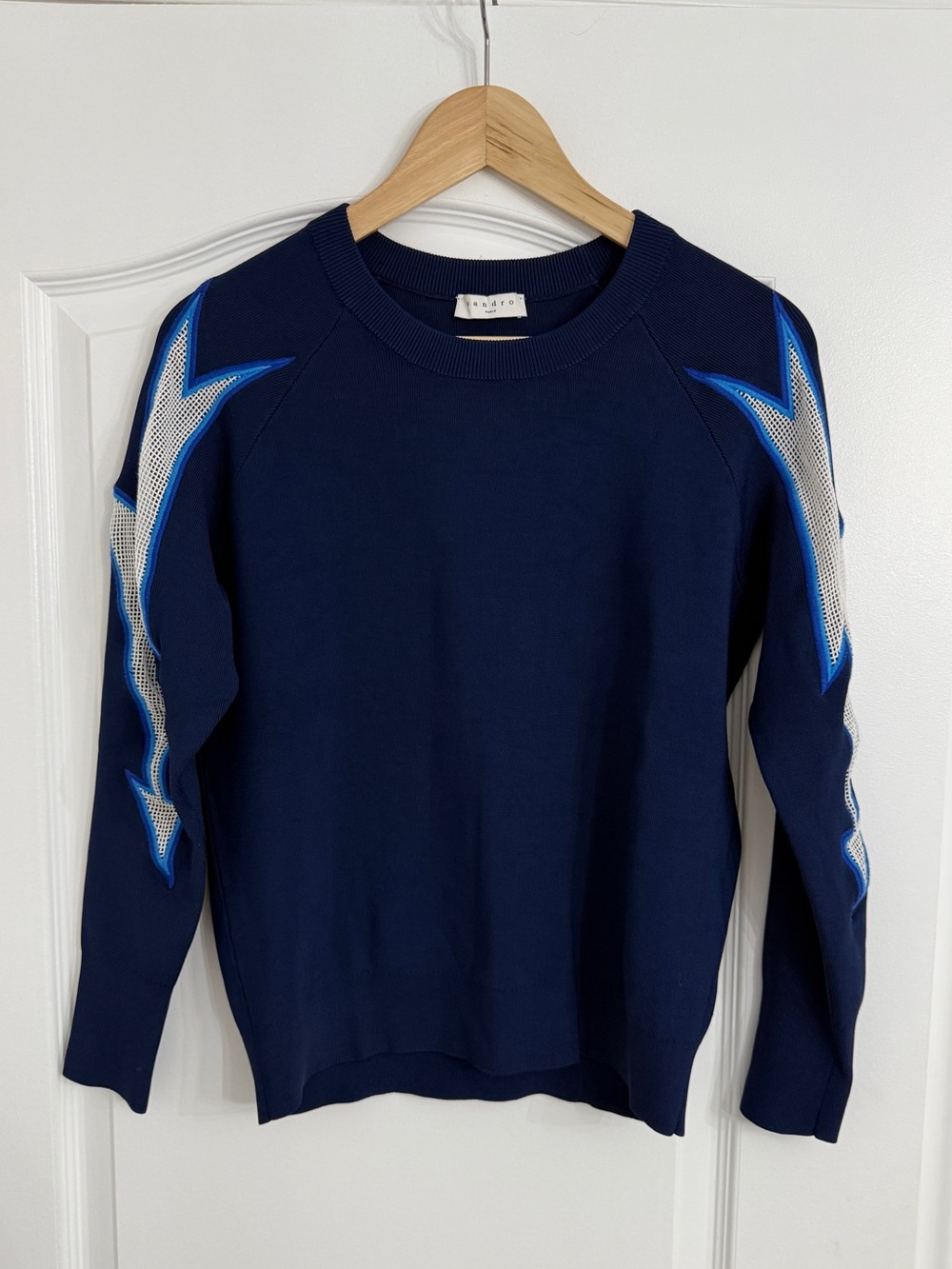 Sandro Navy Crewneck Sweater with Blue & White Star Sleeves